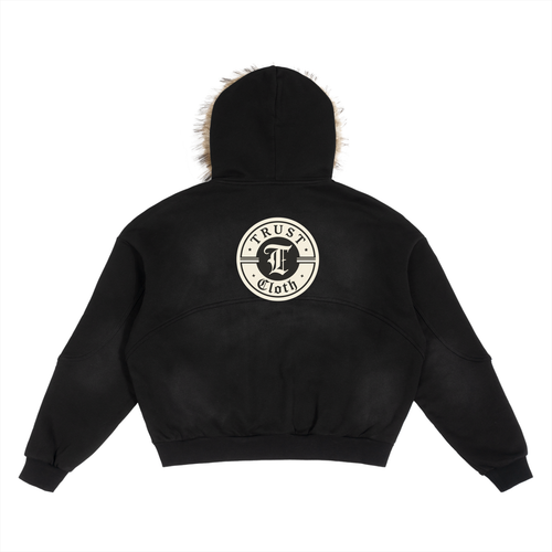 Faded Black Trust Logo Fur Hood Coat